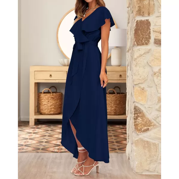 imageBTFBM Womens Summer Chiffon Maxi Dresses Deep V Neck Ruffle Short Sleeve Beach Party Cocktail Flowy Wrap Dress with BeltSolid Navy
