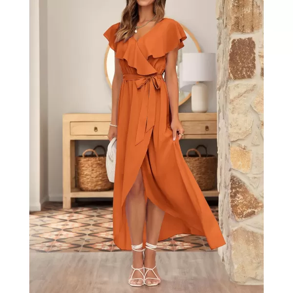 imageBTFBM Womens Summer Chiffon Maxi Dresses Deep V Neck Ruffle Short Sleeve Beach Party Cocktail Flowy Wrap Dress with BeltSolid Orange
