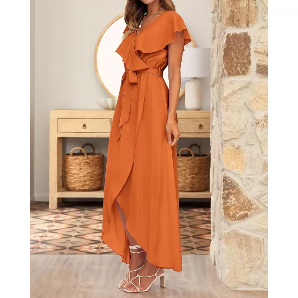 imageBTFBM Womens Summer Chiffon Maxi Dresses Deep V Neck Ruffle Short Sleeve Beach Party Cocktail Flowy Wrap Dress with BeltSolid Orange