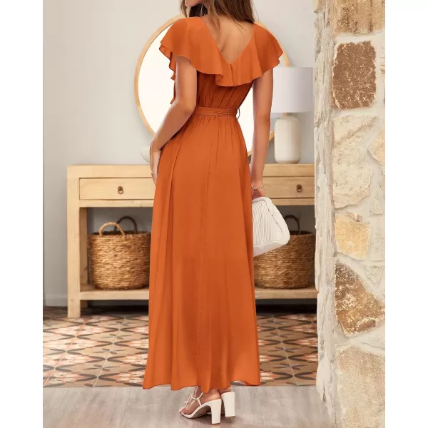 imageBTFBM Womens Summer Chiffon Maxi Dresses Deep V Neck Ruffle Short Sleeve Beach Party Cocktail Flowy Wrap Dress with BeltSolid Orange