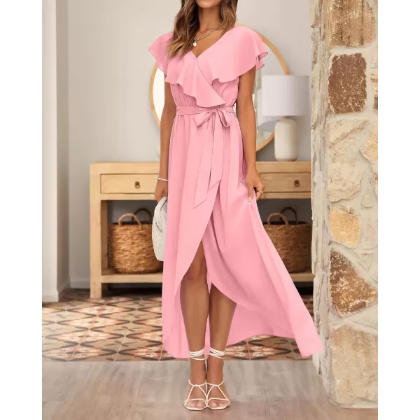 imageBTFBM Womens Summer Chiffon Maxi Dresses Deep V Neck Ruffle Short Sleeve Beach Party Cocktail Flowy Wrap Dress with BeltSolid Pink