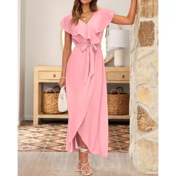 imageBTFBM Womens Summer Chiffon Maxi Dresses Deep V Neck Ruffle Short Sleeve Beach Party Cocktail Flowy Wrap Dress with BeltSolid Pink