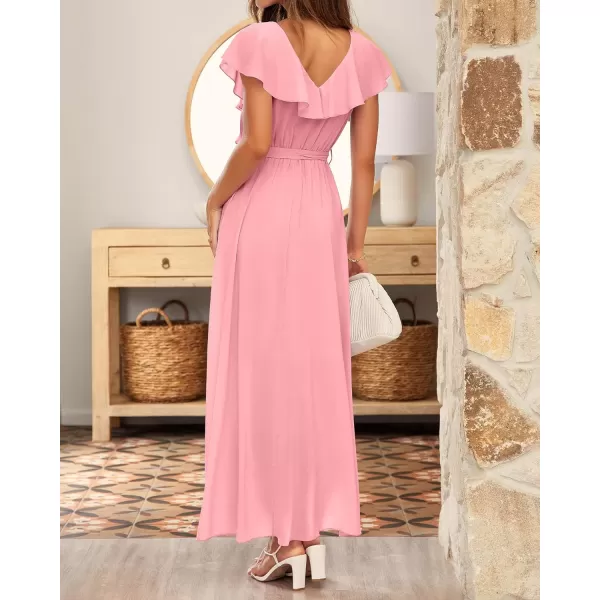 imageBTFBM Womens Summer Chiffon Maxi Dresses Deep V Neck Ruffle Short Sleeve Beach Party Cocktail Flowy Wrap Dress with BeltSolid Pink