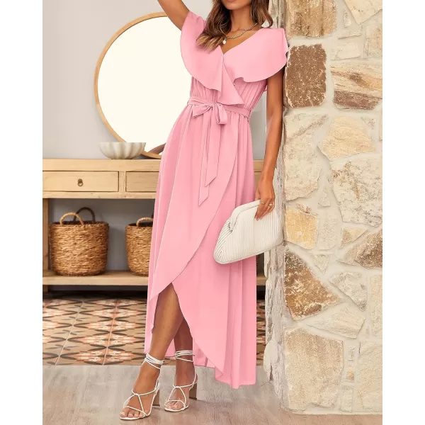 imageBTFBM Womens Summer Chiffon Maxi Dresses Deep V Neck Ruffle Short Sleeve Beach Party Cocktail Flowy Wrap Dress with BeltSolid Pink