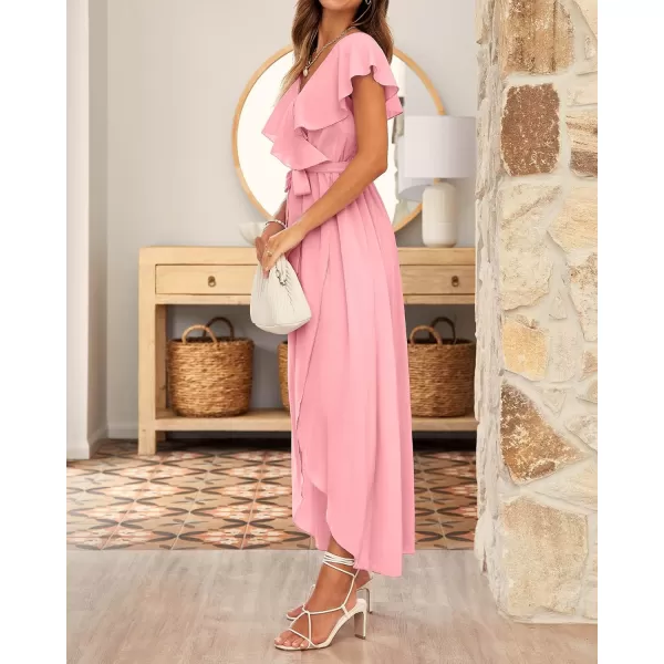 imageBTFBM Womens Summer Chiffon Maxi Dresses Deep V Neck Ruffle Short Sleeve Beach Party Cocktail Flowy Wrap Dress with BeltSolid Pink