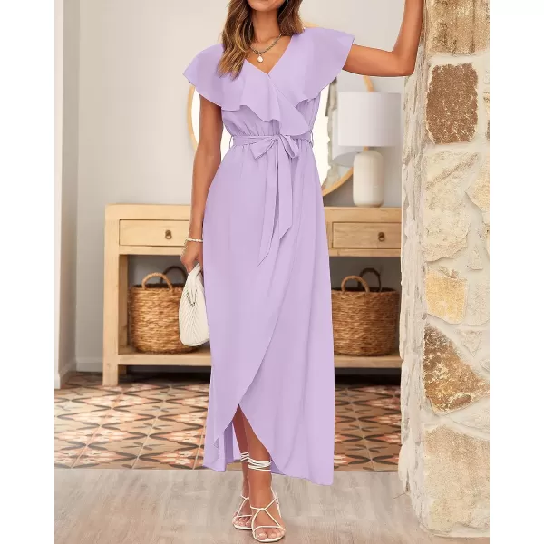 imageBTFBM Womens Summer Chiffon Maxi Dresses Deep V Neck Ruffle Short Sleeve Beach Party Cocktail Flowy Wrap Dress with BeltSolid Purple