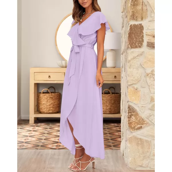 imageBTFBM Womens Summer Chiffon Maxi Dresses Deep V Neck Ruffle Short Sleeve Beach Party Cocktail Flowy Wrap Dress with BeltSolid Purple