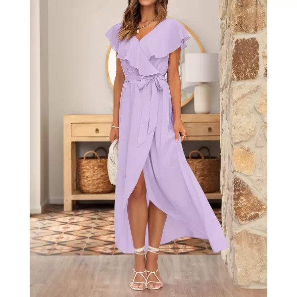 imageBTFBM Womens Summer Chiffon Maxi Dresses Deep V Neck Ruffle Short Sleeve Beach Party Cocktail Flowy Wrap Dress with BeltSolid Purple