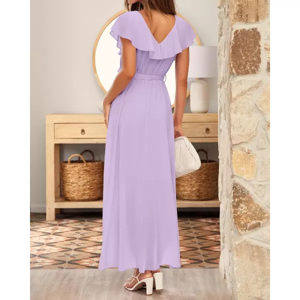 imageBTFBM Womens Summer Chiffon Maxi Dresses Deep V Neck Ruffle Short Sleeve Beach Party Cocktail Flowy Wrap Dress with BeltSolid Purple