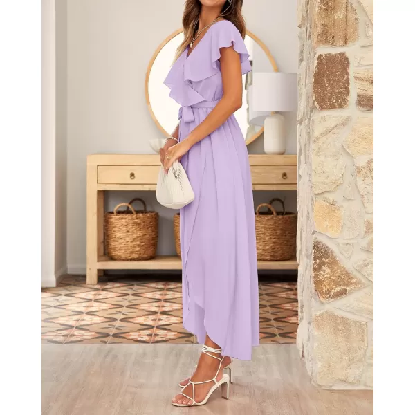 imageBTFBM Womens Summer Chiffon Maxi Dresses Deep V Neck Ruffle Short Sleeve Beach Party Cocktail Flowy Wrap Dress with BeltSolid Purple