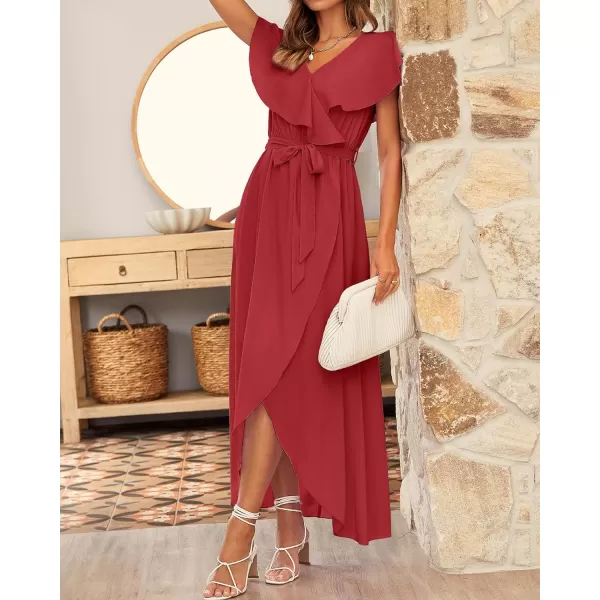 imageBTFBM Womens Summer Chiffon Maxi Dresses Deep V Neck Ruffle Short Sleeve Beach Party Cocktail Flowy Wrap Dress with BeltSolid Red
