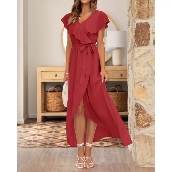 imageBTFBM Womens Summer Chiffon Maxi Dresses Deep V Neck Ruffle Short Sleeve Beach Party Cocktail Flowy Wrap Dress with BeltSolid Red