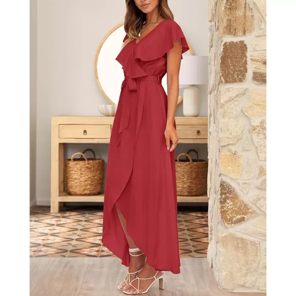 imageBTFBM Womens Summer Chiffon Maxi Dresses Deep V Neck Ruffle Short Sleeve Beach Party Cocktail Flowy Wrap Dress with BeltSolid Red