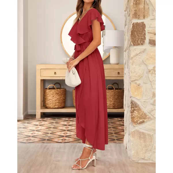 imageBTFBM Womens Summer Chiffon Maxi Dresses Deep V Neck Ruffle Short Sleeve Beach Party Cocktail Flowy Wrap Dress with BeltSolid Red