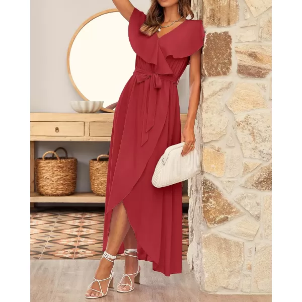 imageBTFBM Womens Summer Chiffon Maxi Dresses Deep V Neck Ruffle Short Sleeve Beach Party Cocktail Flowy Wrap Dress with BeltSolid Red