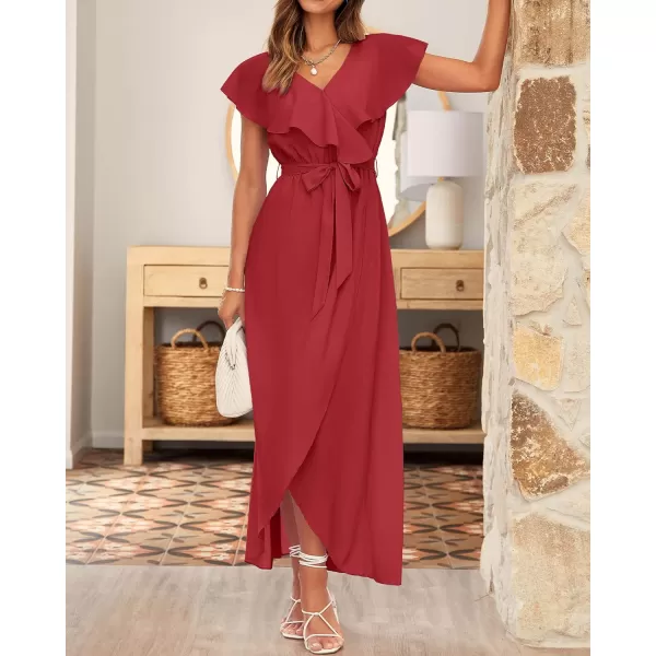 imageBTFBM Womens Summer Chiffon Maxi Dresses Deep V Neck Ruffle Short Sleeve Beach Party Cocktail Flowy Wrap Dress with BeltSolid Red