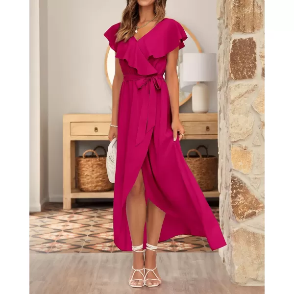 imageBTFBM Womens Summer Chiffon Maxi Dresses Deep V Neck Ruffle Short Sleeve Beach Party Cocktail Flowy Wrap Dress with BeltSolid Rose Pink
