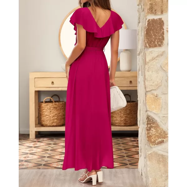 imageBTFBM Womens Summer Chiffon Maxi Dresses Deep V Neck Ruffle Short Sleeve Beach Party Cocktail Flowy Wrap Dress with BeltSolid Rose Pink