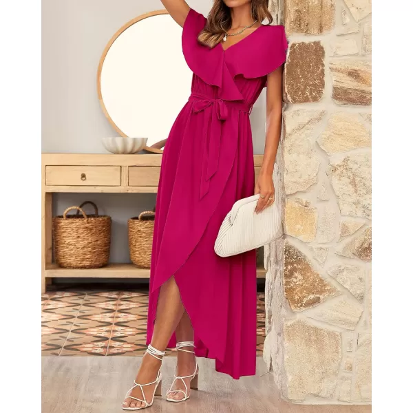 imageBTFBM Womens Summer Chiffon Maxi Dresses Deep V Neck Ruffle Short Sleeve Beach Party Cocktail Flowy Wrap Dress with BeltSolid Rose Pink