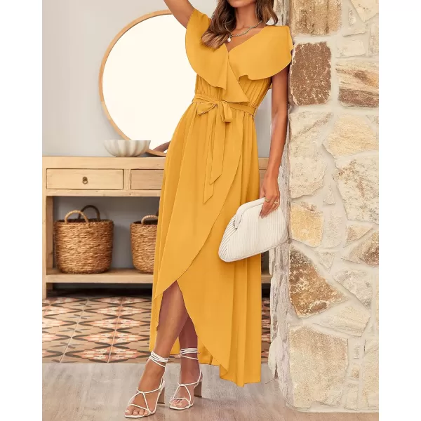 imageBTFBM Womens Summer Chiffon Maxi Dresses Deep V Neck Ruffle Short Sleeve Beach Party Cocktail Flowy Wrap Dress with BeltSolid Turmeric