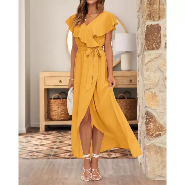 imageBTFBM Womens Summer Chiffon Maxi Dresses Deep V Neck Ruffle Short Sleeve Beach Party Cocktail Flowy Wrap Dress with BeltSolid Turmeric