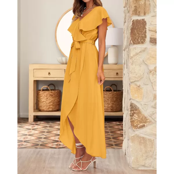 imageBTFBM Womens Summer Chiffon Maxi Dresses Deep V Neck Ruffle Short Sleeve Beach Party Cocktail Flowy Wrap Dress with BeltSolid Turmeric