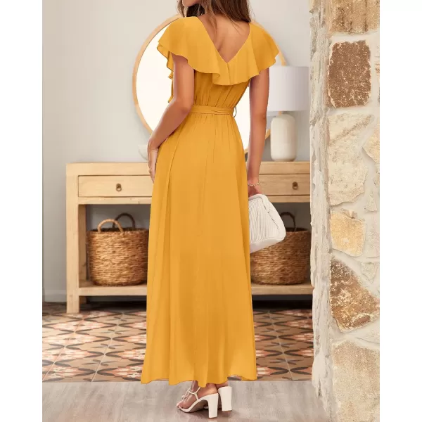 imageBTFBM Womens Summer Chiffon Maxi Dresses Deep V Neck Ruffle Short Sleeve Beach Party Cocktail Flowy Wrap Dress with BeltSolid Turmeric