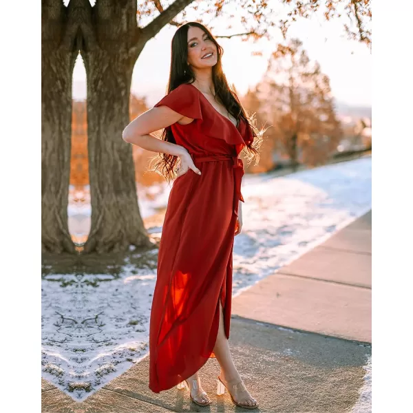 imageBTFBM Womens Summer Chiffon Maxi Dresses Deep V Neck Ruffle Short Sleeve Beach Party Cocktail Flowy Wrap Dress with BeltSolid Wine Red