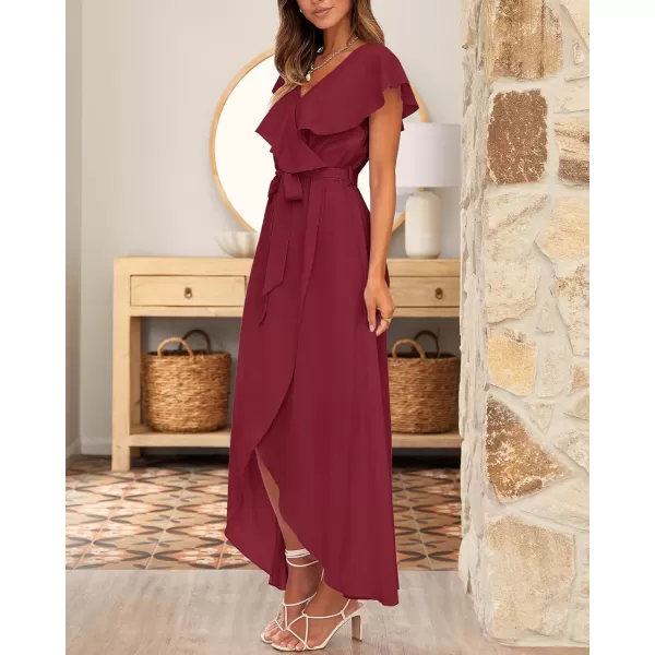 imageBTFBM Womens Summer Chiffon Maxi Dresses Deep V Neck Ruffle Short Sleeve Beach Party Cocktail Flowy Wrap Dress with BeltSolid Wine Red