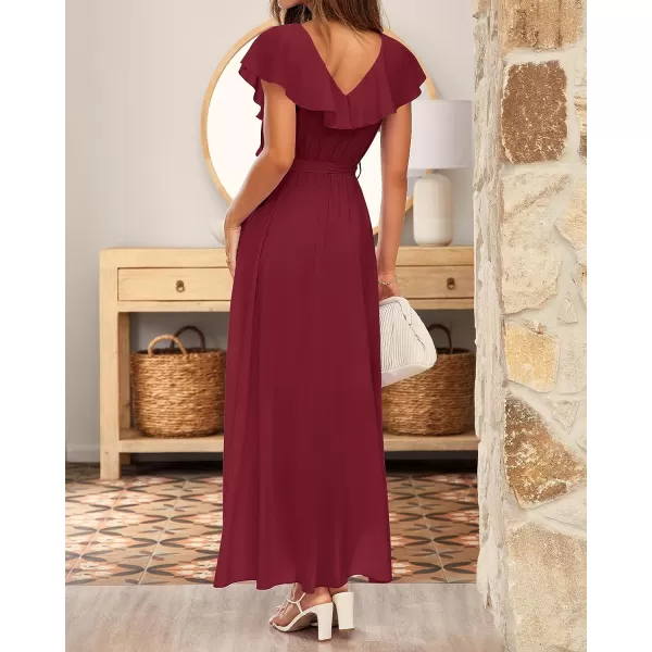 imageBTFBM Womens Summer Chiffon Maxi Dresses Deep V Neck Ruffle Short Sleeve Beach Party Cocktail Flowy Wrap Dress with BeltSolid Wine Red