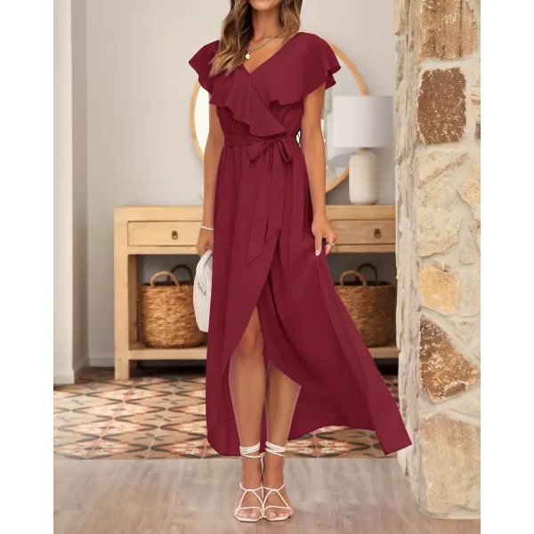 imageBTFBM Womens Summer Chiffon Maxi Dresses Deep V Neck Ruffle Short Sleeve Beach Party Cocktail Flowy Wrap Dress with BeltSolid Wine Red