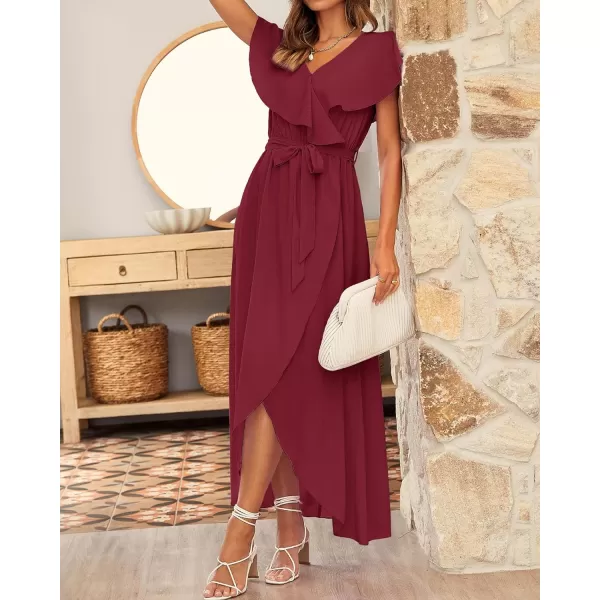 imageBTFBM Womens Summer Chiffon Maxi Dresses Deep V Neck Ruffle Short Sleeve Beach Party Cocktail Flowy Wrap Dress with BeltSolid Wine Red