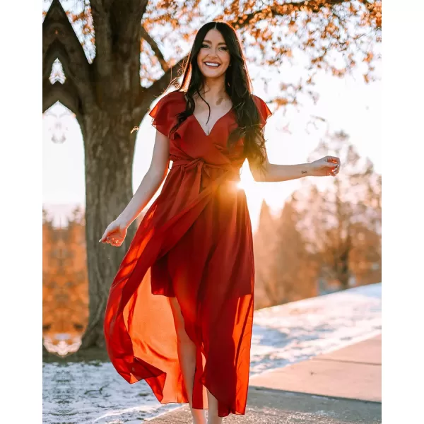 imageBTFBM Womens Summer Chiffon Maxi Dresses Deep V Neck Ruffle Short Sleeve Beach Party Cocktail Flowy Wrap Dress with BeltSolid Wine Red