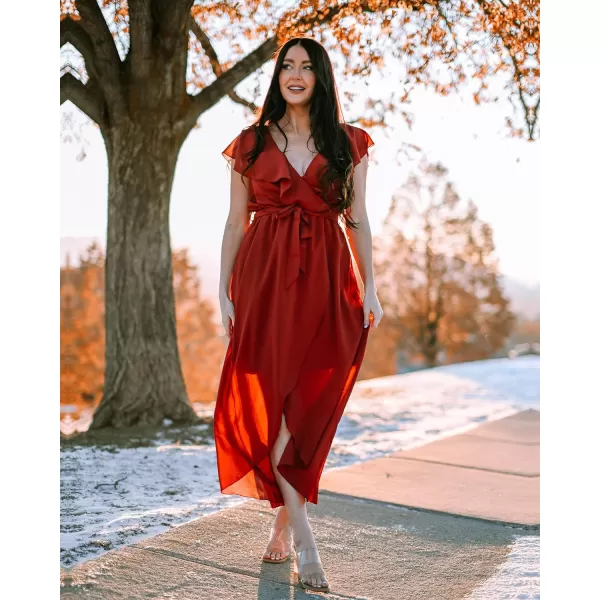 imageBTFBM Womens Summer Chiffon Maxi Dresses Deep V Neck Ruffle Short Sleeve Beach Party Cocktail Flowy Wrap Dress with BeltSolid Wine Red