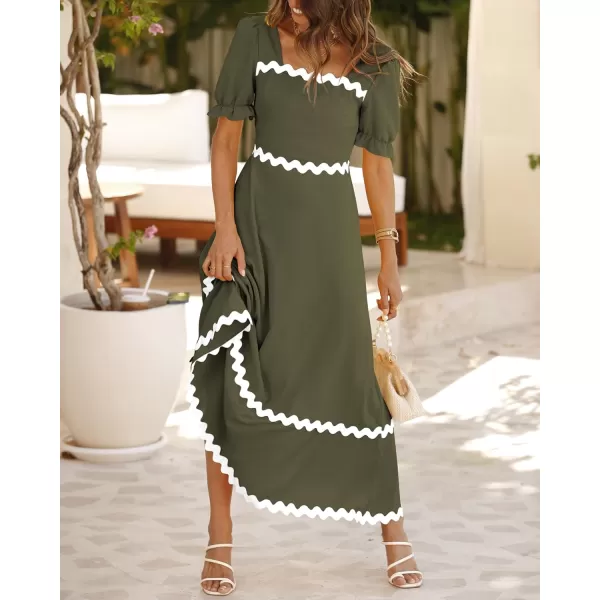 imageBTFBM Womens Summer Dresses 2024 Square Neck Short Puff Sleeve Smocked Tie Back Beach Vacation Flowy Long Maxi DressSolid Army Green