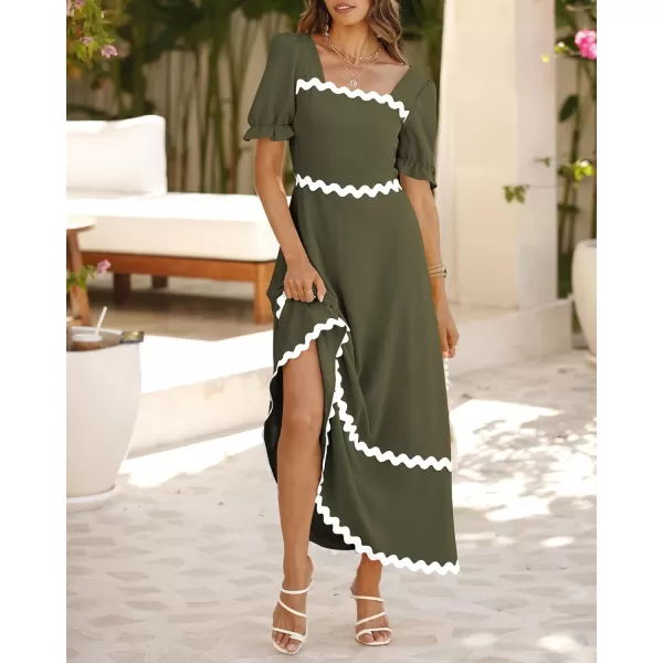 imageBTFBM Womens Summer Dresses 2024 Square Neck Short Puff Sleeve Smocked Tie Back Beach Vacation Flowy Long Maxi DressSolid Army Green