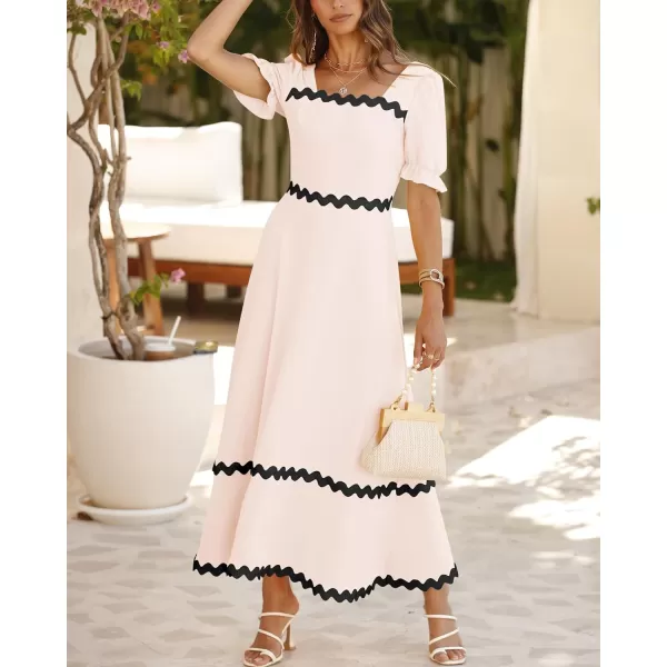 imageBTFBM Womens Summer Dresses 2024 Square Neck Short Puff Sleeve Smocked Tie Back Beach Vacation Flowy Long Maxi DressSolid Beige