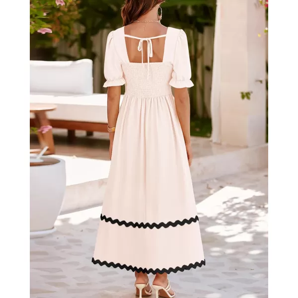 imageBTFBM Womens Summer Dresses 2024 Square Neck Short Puff Sleeve Smocked Tie Back Beach Vacation Flowy Long Maxi DressSolid Beige