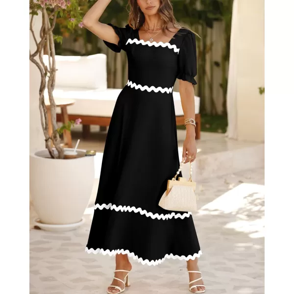 imageBTFBM Womens Summer Dresses 2024 Square Neck Short Puff Sleeve Smocked Tie Back Beach Vacation Flowy Long Maxi DressSolid Black