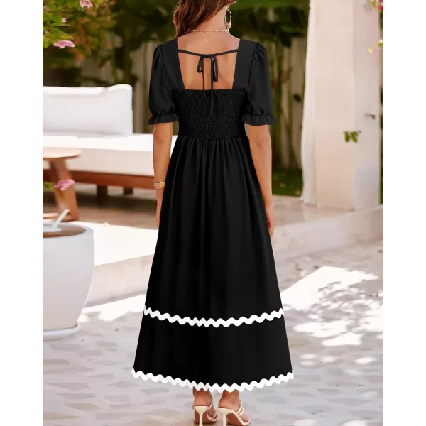 imageBTFBM Womens Summer Dresses 2024 Square Neck Short Puff Sleeve Smocked Tie Back Beach Vacation Flowy Long Maxi DressSolid Black