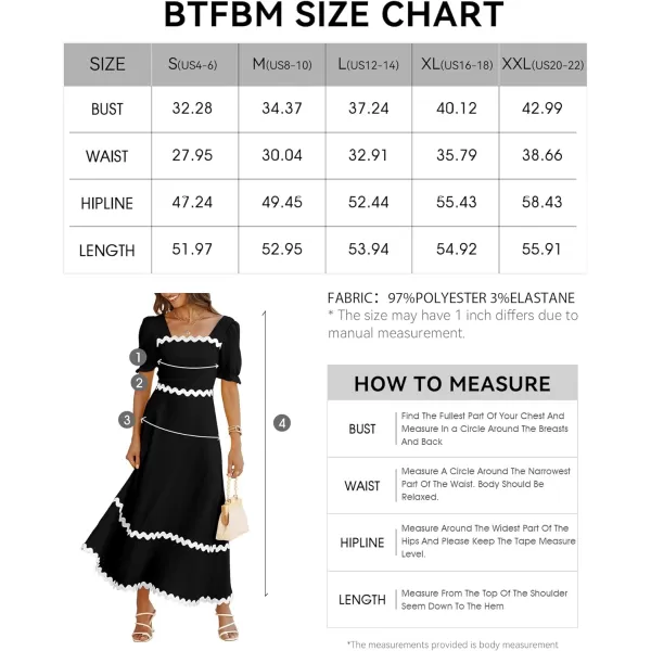 imageBTFBM Womens Summer Dresses 2024 Square Neck Short Puff Sleeve Smocked Tie Back Beach Vacation Flowy Long Maxi DressSolid Black