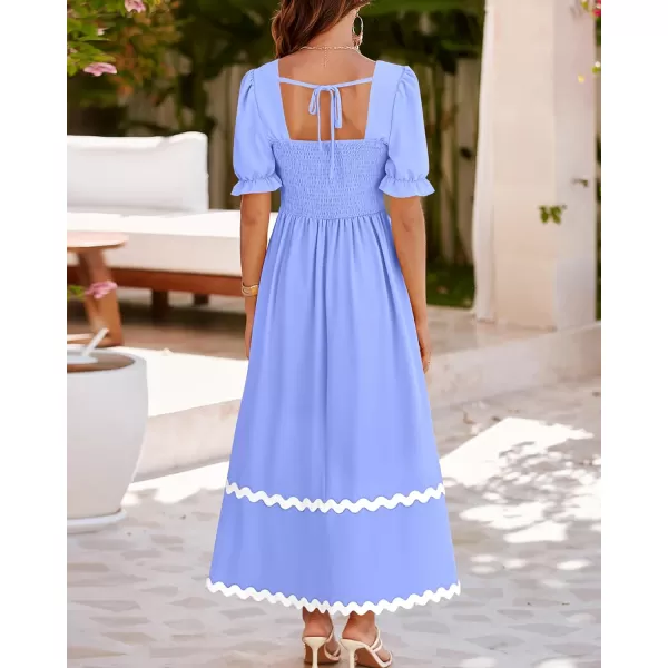 imageBTFBM Womens Summer Dresses 2024 Square Neck Short Puff Sleeve Smocked Tie Back Beach Vacation Flowy Long Maxi DressSolid Blue