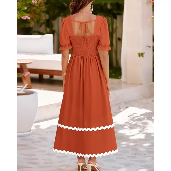 imageBTFBM Womens Summer Dresses 2024 Square Neck Short Puff Sleeve Smocked Tie Back Beach Vacation Flowy Long Maxi DressSolid Brick Red