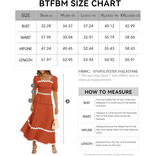 imageBTFBM Womens Summer Dresses 2024 Square Neck Short Puff Sleeve Smocked Tie Back Beach Vacation Flowy Long Maxi DressSolid Brick Red