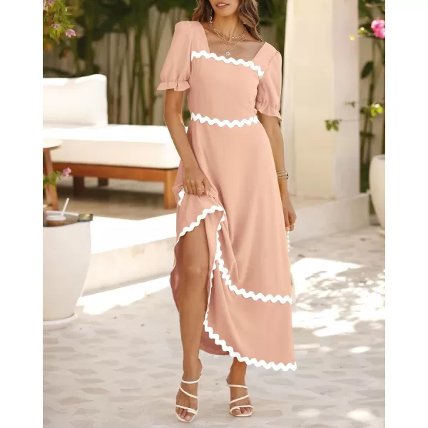 imageBTFBM Womens Summer Dresses 2024 Square Neck Short Puff Sleeve Smocked Tie Back Beach Vacation Flowy Long Maxi DressSolid Light Khaki