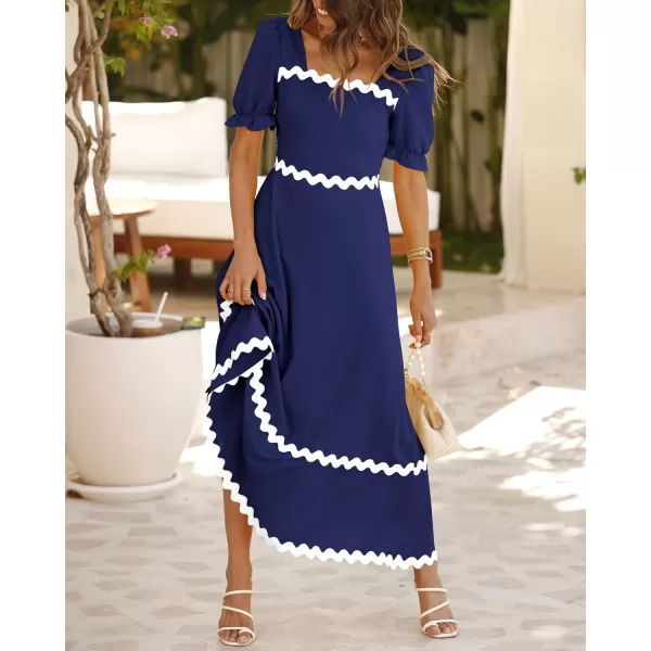 imageBTFBM Womens Summer Dresses 2024 Square Neck Short Puff Sleeve Smocked Tie Back Beach Vacation Flowy Long Maxi DressSolid Navy