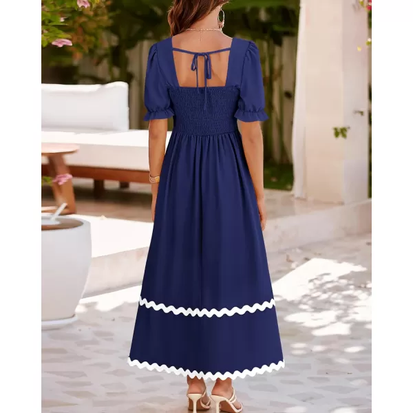 imageBTFBM Womens Summer Dresses 2024 Square Neck Short Puff Sleeve Smocked Tie Back Beach Vacation Flowy Long Maxi DressSolid Navy