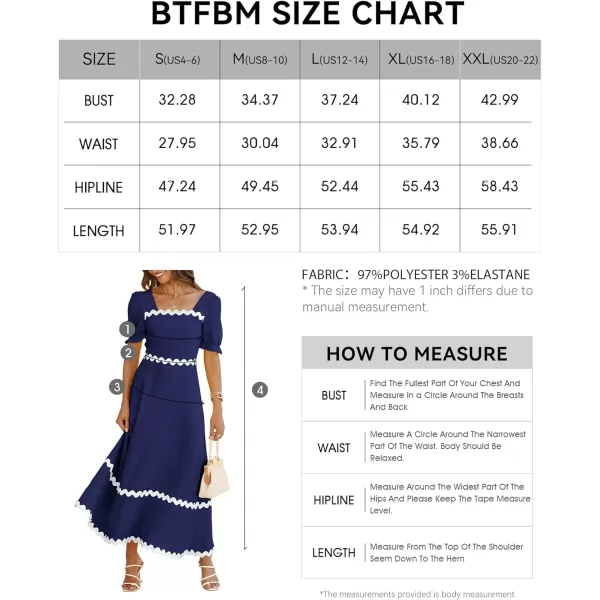 imageBTFBM Womens Summer Dresses 2024 Square Neck Short Puff Sleeve Smocked Tie Back Beach Vacation Flowy Long Maxi DressSolid Navy