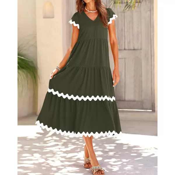 imageBTFBM Womens Summer Dresses 2024 V Neck Cap Sleeve RIC Rac Loose Tiered ALine Beach Vacation Midi Dress with PocketSolid Army Green