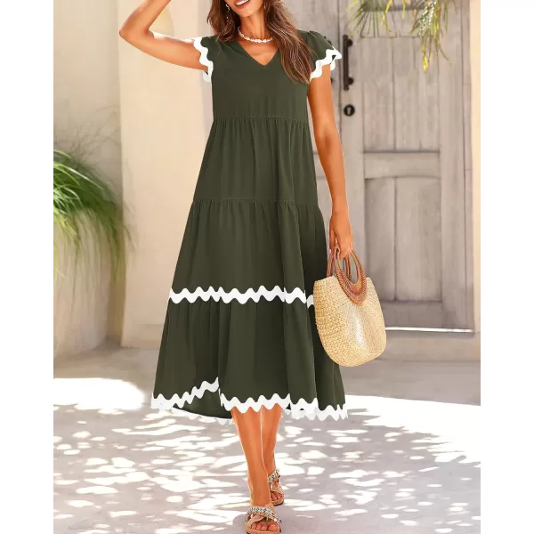 imageBTFBM Womens Summer Dresses 2024 V Neck Cap Sleeve RIC Rac Loose Tiered ALine Beach Vacation Midi Dress with PocketSolid Army Green